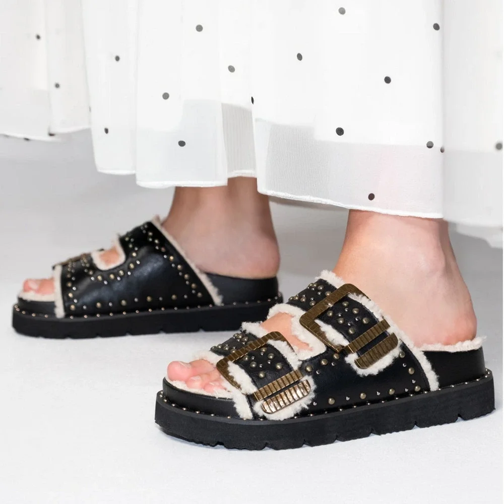 Oasis Society Sherpa Lined Studded Slide Sandals 8.5 - Picture 2 of 5